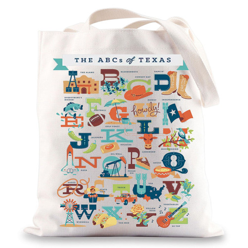 BWWKTOP Texas State Travel Tote Bag Texas Souvenirs Gifts Texas Reusable Grocery Bag Texas Trip Gifts (ABC of TEXAS)
