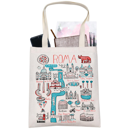 LEVLO Roma Italy Themed Canvas Tote Bag Roma Landmarks Souvenir Gift Roma Travel Shoulder Bag Roma Merchandise (Roma Tote)