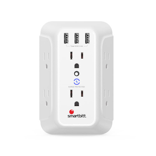 Smartbitt Surge Protector Wall Charger - 6 Outlets, 2 USB-A Ports & 1 USB-C Port, White - Wall Unit with USB Ports for Electronics - Desktop Outlet Extender Surge Protector for Office