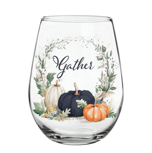 Heartfelt Collection Stemless Wine Glasses Fall and Thanksgiving Stemless Red/White Wine Glass, 20-Ounce, Gather