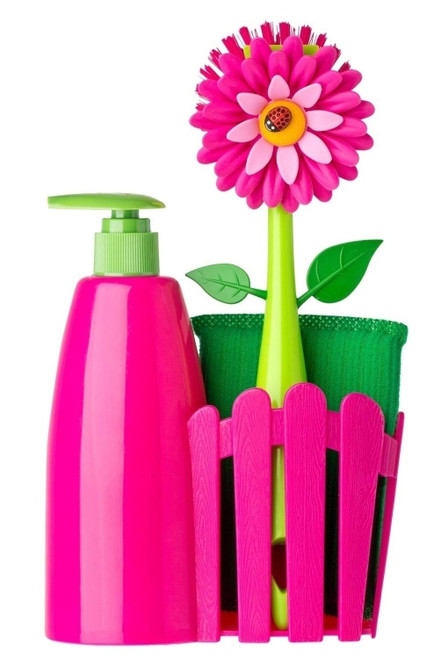 Vigar Flower Power Pink Sink Caddy Set with Soap Dispenser, 10-1/2-Inches, Pink, Green
