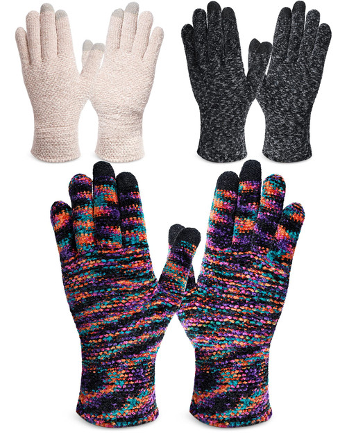 SATINIOR 3 Pairs Women Winter Gloves Warm TouchScreen Gloves Chenille Cable Knit Gloves Texting Elastic Cuff Thermal Gloves (Mixed Black,Beige,Multi-colored)