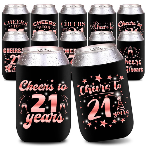 12Pcs 21st Birthday Can Cooler Sleeves Rose Gold 21st Birthday Decorations for Women 21st Birthday Party Favors Beverage Can Cooler Sleeves for Cheers to 21 Years Old Birthday Party Supplies Gift