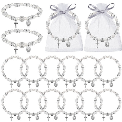 Rosary Bracelet Bulk with Mesh Bags, White Religious Rosary Bead Bracelet Catholic Bracelets, Baptism First Communion Gifts for Girls Women (12 Pcs) Rosary Bracelet Bulk with Mesh Bags, White Religious Rosary Bead Bracelet Catholic Bracelets, Baptism First Communion Gifts for Girls Women (12 Pcs)