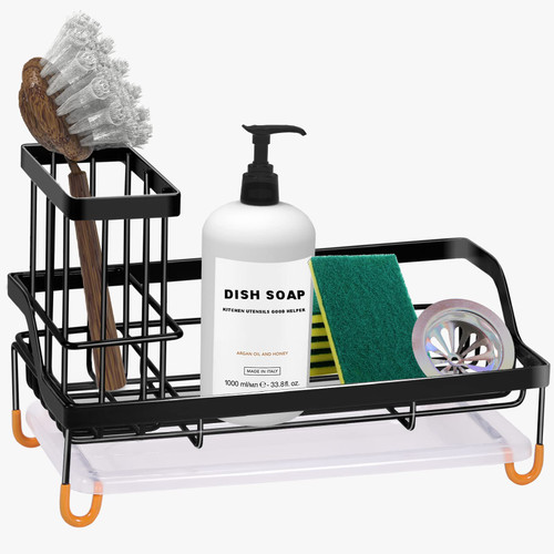 Maifan Sink Caddy Sponge Holder for Kitchen Sink + Dish Brush Holder, Kitchen Sponge Caddy Sink Organizer, Sink Tray Drainer Rack for Countertop -Not Included Soap Dispenser & Brush