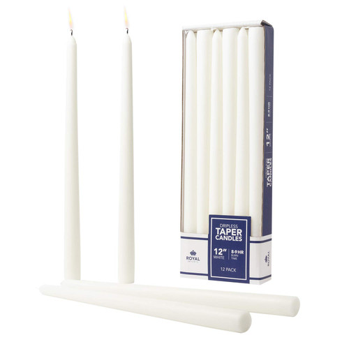 Royal Imports Unscented Taper Candles, Elegant Premium Quality, Dripless & Smokeless, Hand-Dipped Dinner Candles for Wedding, Holiday, Home Decor - 9 Hour Burn Time - Set of 12 (12 Inch, White)