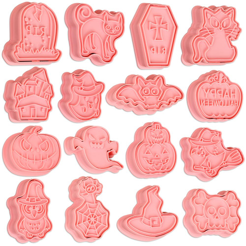 16 Pcs Halloween Cookie Cutters, 3D Cookie Cutter with Plunger Stamp, Halloween Cookie Molds -Ghost, Bat, Pumpkin, Cat, Castle,Tombstone, Witch, Spider, Skull, Etc.
