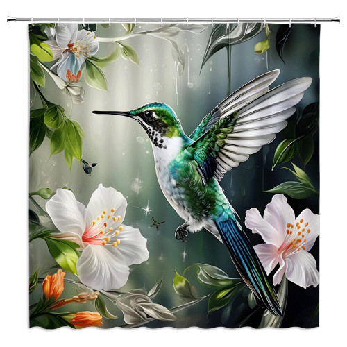 UOZXOML Hummingbird Flower Shower Curtain Watercolor White Floral Green Leaves Garden Nature Scenery Fabric Bathroom Decor Curtains Set with Hook,70 x 70