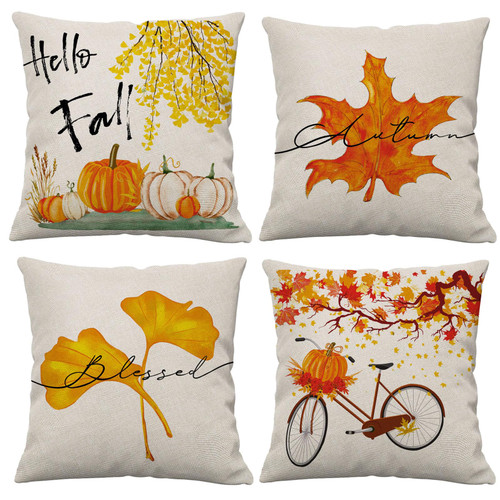 Fall Pillow Covers 18x18 Set of 4 Fall Thanksgiving Throw Pillows Covers Autumn Pumpkins Leaves Decorative Cushion Covers Home Outdoor Sofa Couch Pillow Cases for Cotton Linen Decorations -18-01