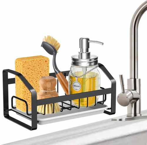 DMJWAN Kitchen Sink Caddy Sponge Holder, Black Kitchen Sink Organizer Dish Racks, 304 Stainless Steel Sink Caddy Organizer with Removable Drip Tray, Soap Brush Dispenser