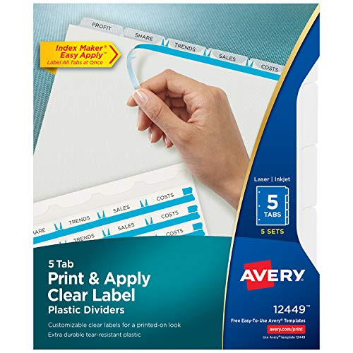Avery 5-Tab Plastic Dividers, Easy Print & Apply Clear Label Strip, Index Maker, 5 Sets (12449)