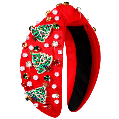 Christmas Headband for Women Holiday Christmas Accessories Beaded Xmas Bow Tree Snowflake HOHOHO Knotted Headband Red Green Crystal Pearl Top Knot Headband Festive Holiday Gifts (Xmas Tree 3)