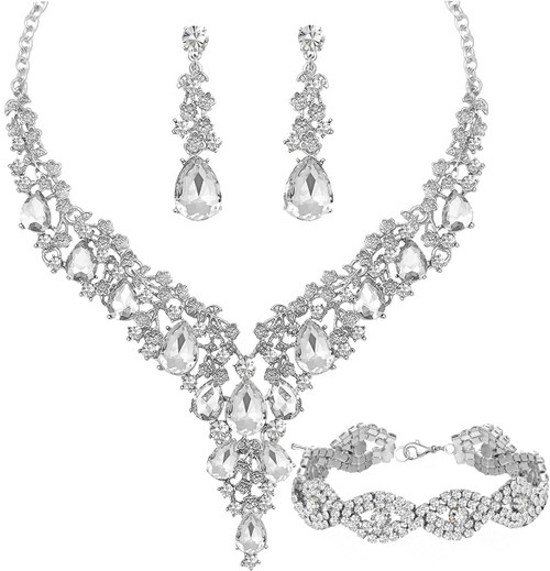 Paxuan Wedding Bridal Bridesmaid Austrian Crystal Rhinestone Jewelry Sets Statement Choker Necklace Earrings Bracelets Sets for Wedding Party Prom (Necklace + Earring + Bracelet (White))