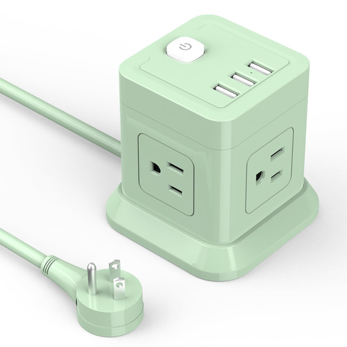 Cube Power Strip, FDTEK 4 Widely Spaced Outlet with 3 USB Flat Plug Power Strips with Long Extension Cords Space Save Compact Portable Power Station for Travel Home Office Cruise (Green)