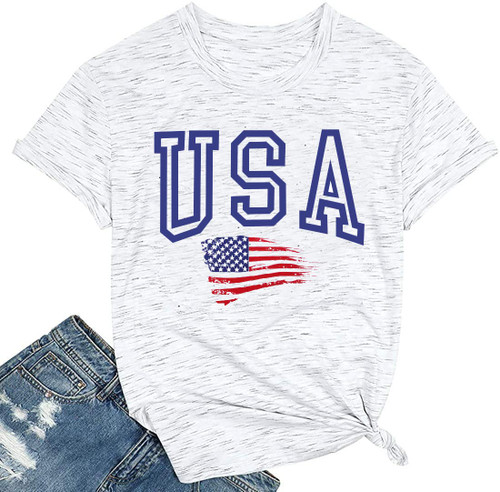 4th of July Shirt Women USA American Flag T Shirt Casual Short Sleeve Graphic Patriotic Tee Tops-White L