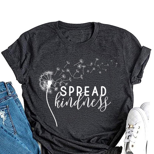 Women's Summer Spread Kindness T Shirts for Women Dandelion Graphic Loose Tees Crew Neck Short Sleeve Casual Funny Tops Gray