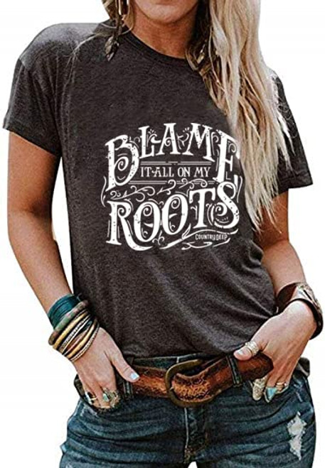 Country Music T-Shirt for Women Blame it All On My Roots Funny Letter Print Shirt Retro Music Lover Summer Vacation Top, Blame, M Black Grey Country Music T-Shirt for Women Blame it All On My Roots Funny Letter Print Shirt Retro Music Lover Summer Vacation Top, Blame, M Black Grey