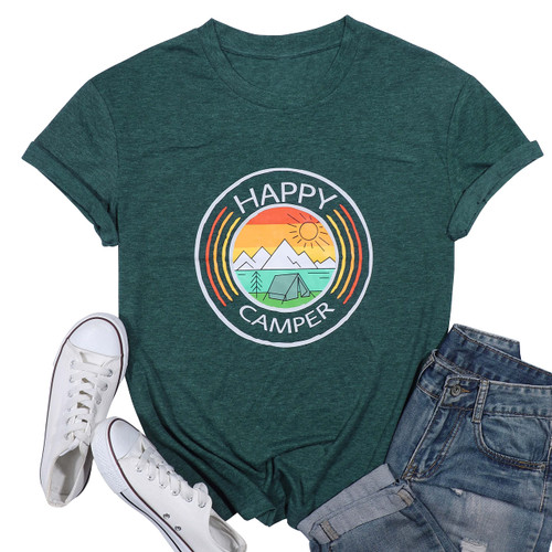 Happy Camper Shirt for Women Funny Hiking Camping T-Shirt Mountain Graphic Tee Adventure Tshirts Nature Lover Gift Tops Green Happy Camper Shirt for Women Funny Hiking Camping T-Shirt Mountain Graphic Tee Adventure Tshirts Nature Lover Gift Tops Green