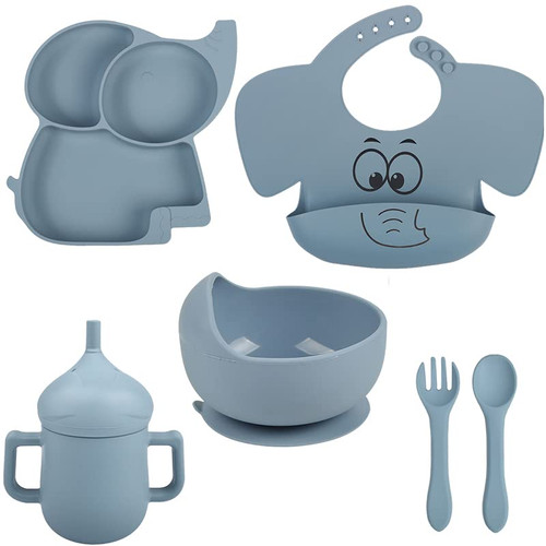 S.ROKE TTAN Silicone Baby Feeding Set, Baby Led Weaning Supplies, Complete Toddler Self-Feeding Set, Divided Plate Suction Bowl Spoons Forks Sippy Cup Adjustable Bib (Blue)