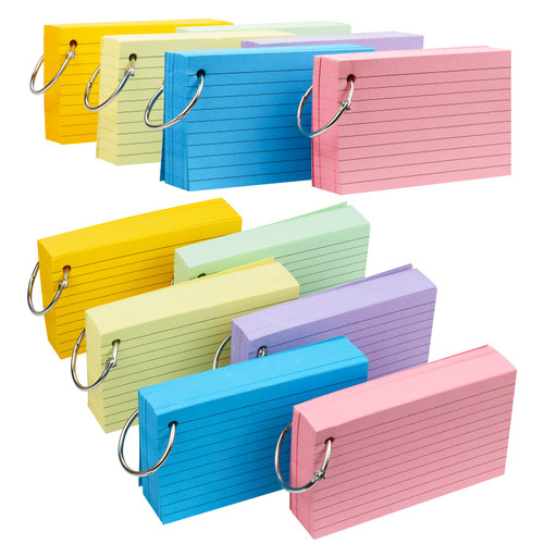 Tecmisse 600 Pcs Index Cards 3 x 5 Color Flash Cards with Rings, Heavy Note Cards, Punched Ruled Index Cards for Studying, Office and Home, 6 Colors