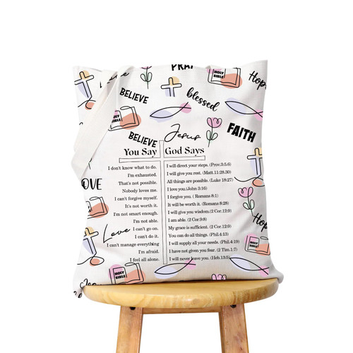 WCGXKO Religious Or Christian Gift Memory Verse Gift You Say God Says Canvas Tote Bag Reusable Bag Shopping Bag (You Say tote)