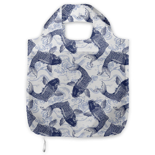 Ambesonne Fish Shopping Tote Bag, Japanese Carp Koi Wave Patterned Background Ancestral Animals Culture, Sturdy Fabric Foldable Lightweight Market Bag for Daily Use, Blue White