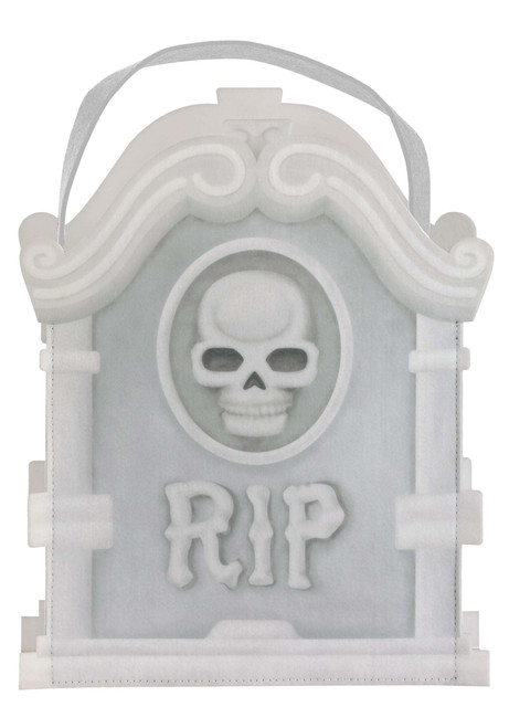 Fun Costumes Trick or Treat RIP Tombstone Halloween Bag, Graveyard White Skull Scary Kids Candy Bucket Standard