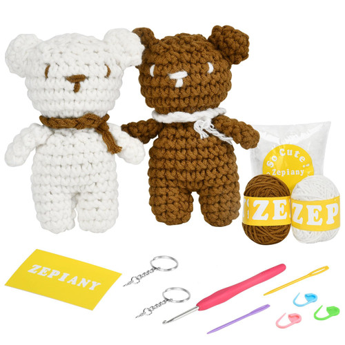 Crochet Kit for Beginners - 2Pcs Little Bears, Beginner Crochet Knitting Kit Kits for Beginners Adults, Step-by-Step Video Tutorials, Crochet Starter Kit for Beginner