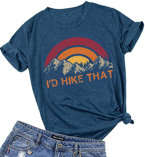 I'd Hike That Hiking Shirt Women Happy Camper Sunrise Mountain Graphic Tee Tops Short Sleeve Camp Lover Vacation Tshirt (Medium, Dark Blue) I'd Hike That Hiking Shirt Women Happy Camper Sunrise Mountain Graphic Tee Tops Short Sleeve Camp Lover Vacation Tshirt (Medium, Dark Blue)