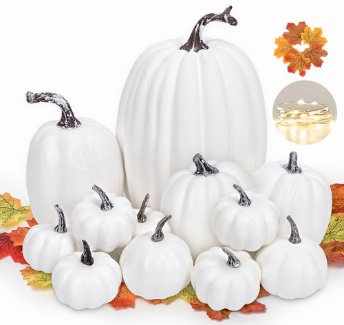 Fall Decor 12 Pcs Artificial White Pumpkins Decor with 30 Pcs Maple Leaves and 1pc String Light, Assorted Sizes Fake Large Pumpkin Decorations for Home, Fall Harvest Thanksgiving Halloween Home Decor Fall Decor 12 Pcs Artificial White Pumpkins Decor with 30 Pcs Maple Leaves and 1pc String Light, Assorted Sizes Fake Large Pumpkin Decorations for Home, Fall Harvest Thanksgiving Halloween Home Decor