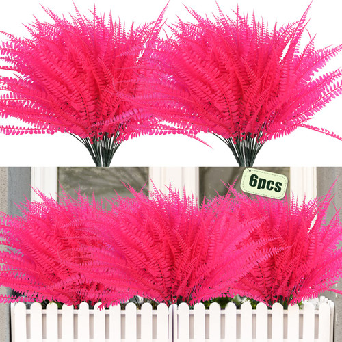 RECUTMS 6 Pcs Artificial Boston Fern Artificial Plastic Ferns Plants Faux Plants Bushes UV Resistant Artificial Fake Boston Fern for Indoor Outdoor Home Garden Office Decor (Pink)