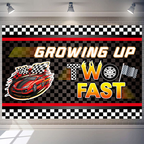 GAOTU Two Fast Birthday Decorations Racing Car Theme Party Banner Backdrop Two Fast Backdrop Racing Car Second Birthday Photography Backdrop Racing for Kids Birthday Party Supplies 7x5ft