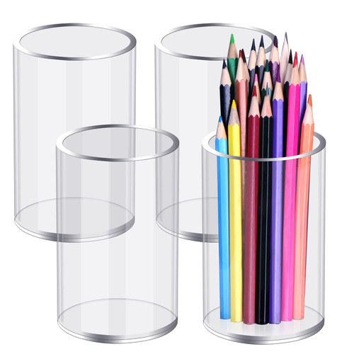 AFOROEOA 4Pack Round Acrylic Pen Holder Clear Desktop Pen Holder Cup Makeup Brush Holder Acrylic Pencil Cup Stationery Organizer for School Office Desk Accessory Makeup Desk