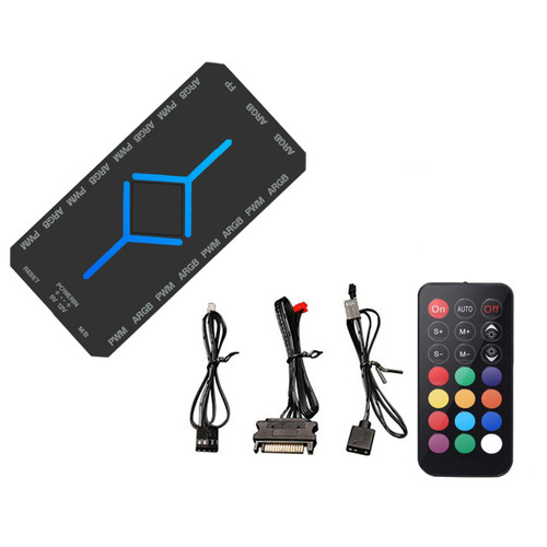 PWM Fan Hub for 5V Addressable ARGB Computer PC Case Fan PWM 1 to 8 Ports Magnetic Fan Hub Splitter with Remote SATA Power Supply Black