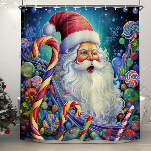 Emwnodti Santa Claus Christmas Shower Curtain, Cute Sweets Christmas Candy Bath Curtain for Bathroom, Polyester Fabric Waterproof Bathroom Accessory Decor with 12 Hooks 72x72 inch