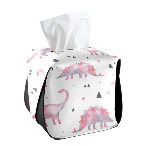 CaTaKu Tissue Box Cover Square Watercolor Dinosaurs Pink Tissue Box Holder for Bathroom, PU Leather Facial Kleenex Tissue Box Cube for Car Office
