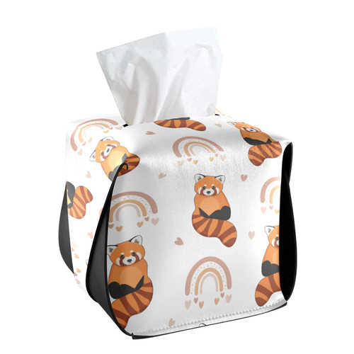 CaTaKu Tissue Box Cover Square Red Panda Rainbow Tissue Box Holder for Bathroom, PU Leather Facial Kleenex Tissue Box Cube for Car Office