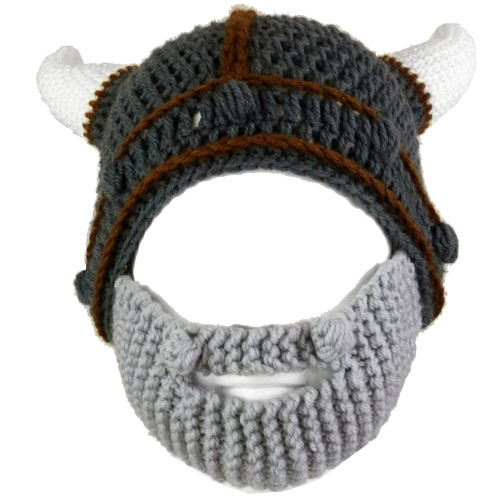 YEKEYI Handmade Knit Helmet and Removable Beard Barbarian Knight Knit Hat Viking Horns Beanie Funny Caps Gray