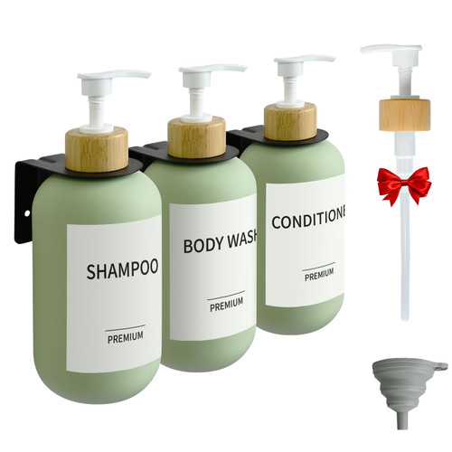 Shampoo and Conditioner Dispenser,Wall Mounted Shower Soap Dispenser for Bathroom,Refillable Shampoo and Conditioner Bottles,500 ML Body Wash Dispenser with Bottle Brackets Labels(Green,Set of 3)