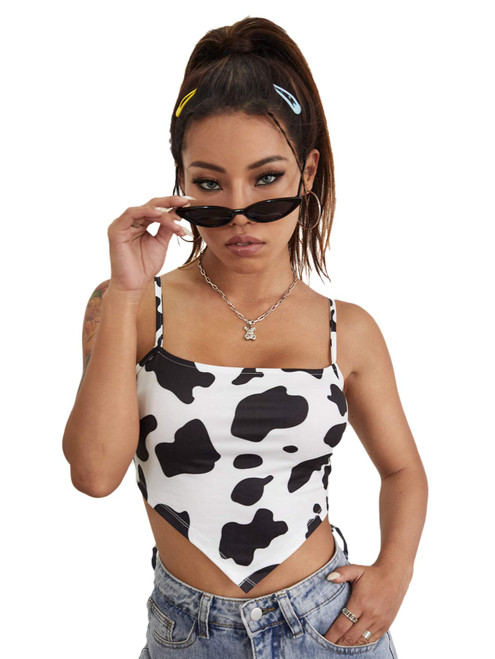 SOLY HUX Women's Spaghetti Strap Cow Print Asymmetrical Hem Cami Crop Top Black White L