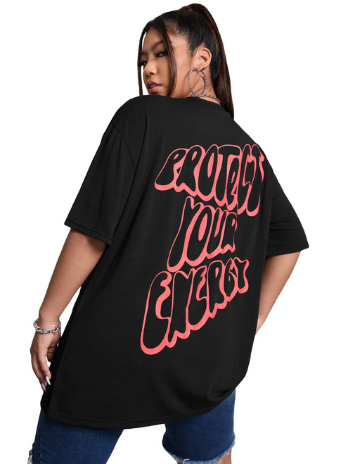 WDIRARA Women's Plus Size Letter Print Short Sleeve Tee Graphic Round Neck Tops Black 1XL