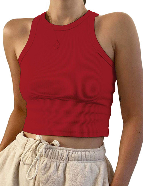 Meladyan Women's Round Neck Basic Racerback Camisole Rib-Knit Solid Sleeveless Crop Tank Tops Red Meladyan Women's Round Neck Basic Racerback Camisole Rib-Knit Solid Sleeveless Crop Tank Tops Red