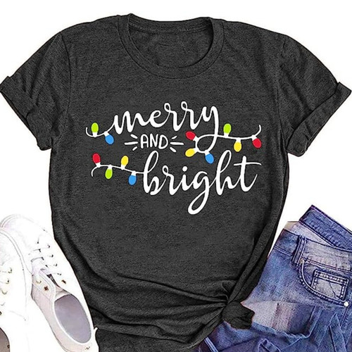 Merry and Bright Shirts for Women Christmas Graphic Short Sleeve Shirts Christmas Lights Tee Tops Casual Holiday Tshirt Dark Gray