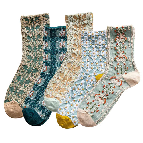 DXYAKY 5 Pairs Womens Floral Cotton Socks Vintage Patterned Crew Socks Novelty Ankle Ruffled Warm Casual Dress Socks (5 Pairs - Blue) DXYAKY 5 Pairs Womens Floral Cotton Socks Vintage Patterned Crew Socks Novelty Ankle Ruffled Warm Casual Dress Socks (5 Pairs - Blue)