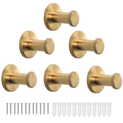 Vanloory Bath Towel Hooks, 6 Pack Round Coat Hooks, Sturdy Wall Mounted Robe Hook, SUS 304 Stainless Steel Heavy Duty Clothes Hanger, Wall Towel Hooks for Bathroom Bedroom Kitchen (2 in, Gold)