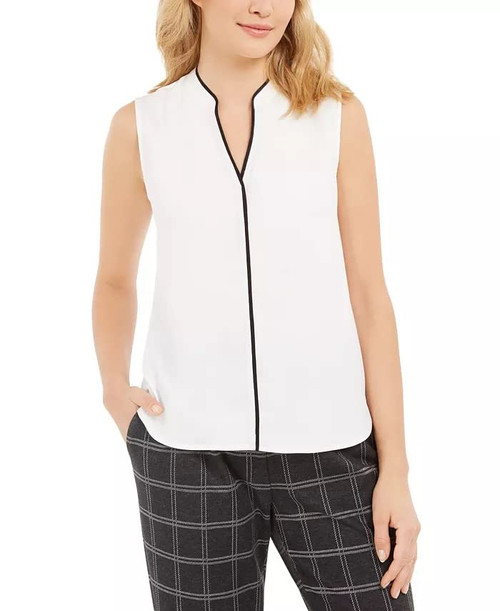 Calvin Klein Women's Petite Split-Neck Contrast-Trim Top White Size Petite X-Large