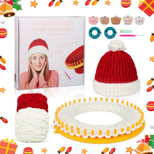 Katech Knitting Loom Set, Pompom Hat Knitting Loom Kit for Beginners, Included Round Knitting Loom Step-by-Step Instructions Knit Hook and Pompom Maker Tool Yarn for Knitting Gift