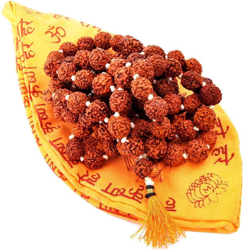 2 piece Authentic Rudraksha Japa Mala 8mm with Gomukhi Japa Bag - Certified 5 face Rudraksha Necklace Natural Himalaya Rudraksha Seed Prayer Beads Tibetan Wrist Mala Wrap Bracelet for Meditation Mala