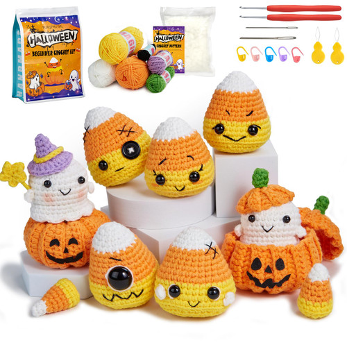 MAGIMUSE Crochet Kit for Beginners, Crochet Starter Knitting Kits for Adults DIY Christmas Amigurumi Knitting Hooks Yarn Set with Step-by-Step Video Tutorials, Candy Corn, Goblin, Pumpkin (40%+ Yarn)