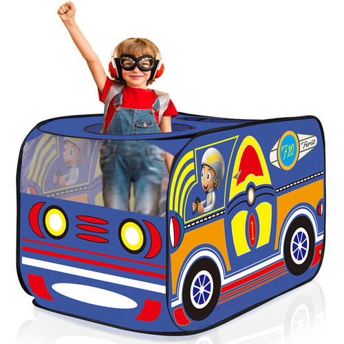School Bus Tent with Carry Bag, Pop Up Indoor Tent for Kids, Indoor Playhouse with 2 Openings, Flat-Folding Kids Play Tent (Blue)